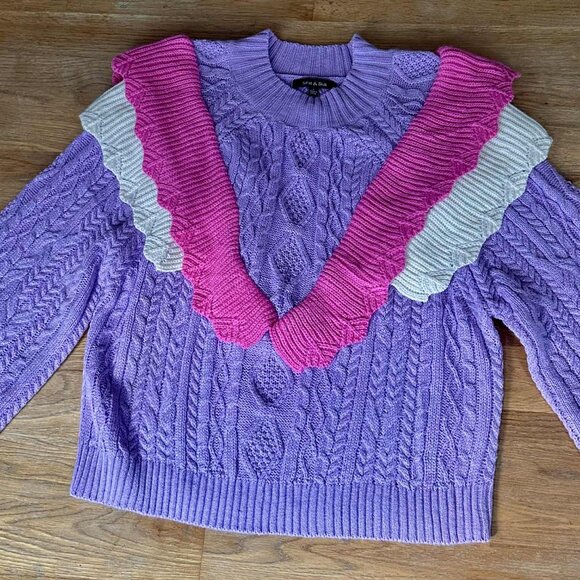 Strut & Bolt cable knit sweater, crew neck, ruffle detailing, V-front size L - Picture 3 of 14